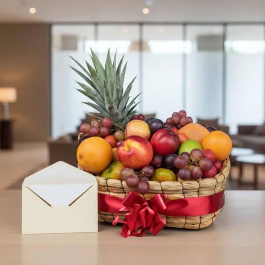Canasta de Frutas Musca con piña, uvas, manzanas, naranjas y ciruelas, presentada con una tarjeta de regalo y cinta roja en u