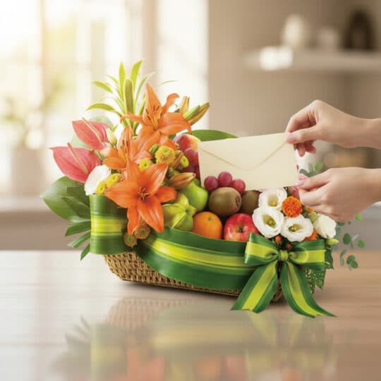 Manos delicadas colocando una tarjeta en una elegante cesta frutal THALIA con lirios naranjas, anturios rosas, lisianthus bla