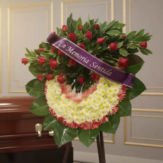 Corona fúnebre Adiós Sincero con rosas rojas y crisantemos blancos, cinta morada 'En Memoria Sentida', en sala de velación pr