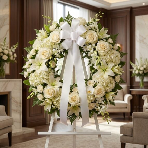 Elegante Corona Fúnebre Almudena: Homenaje Floral para Condolencias y Velatorios Corona fúnebre Almudena con rosas blancas, lirios y hortensias, lazo de satén, en sala de velación premium con luz natural su