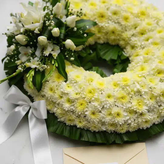 Fotografía macro premium de la Corona Fúnebre Bethesda, mostrando texturas hiperrealistas de pétalos blancos y follaje verde