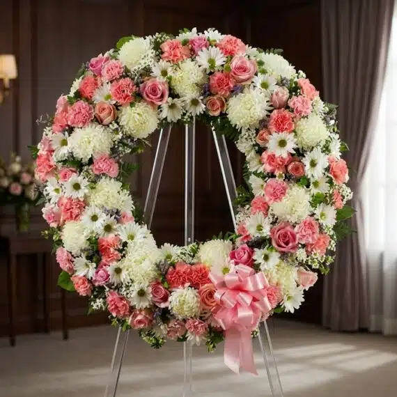Corona Fúnebre Homenaje a Jesús: Rosas, Claveles y Crisantemos Blancos Corona fúnebre Homenaje a Jesús con rosas rosadas, claveles y crisantemos blancos, sobre un caballete en una sala de velación