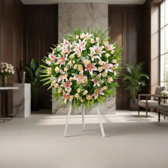 Corona Fúnebre Luz Eterna con Nombre Ethan: Elegancia y Respeto Corona fúnebre Luz Eterna con nombre Ethan, arreglo floral premium de lirios y rosas en tonos pastel, sobre un caballete blan