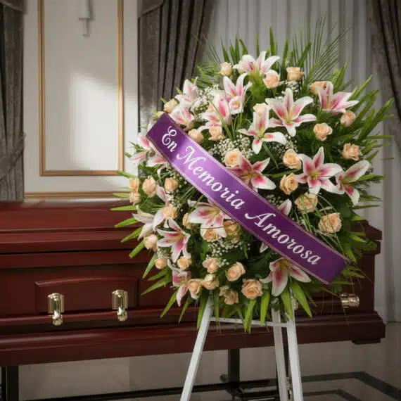 Corona fúnebre Luz Eterna con lirios blancos y rosas melocotón, cinta morada 'En Memoria Amorosa', junto a un ataúd de madera