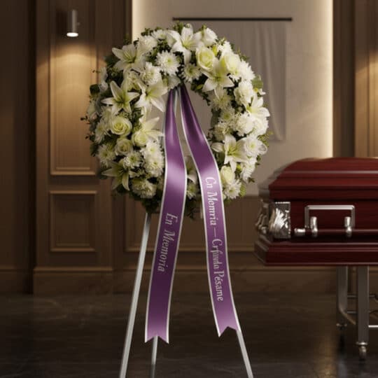Corona fúnebre de flores blancas y verdes con cinta morada, "En Memoria" y "Profundo Pésame", junto a un ataúd en sala de vel
