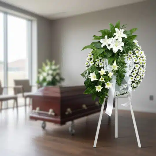 Corona de flores funeraria "El Vuelo de Uriel" con lirios blancos y margaritas en sala de velación moderna, con ataúd de fond