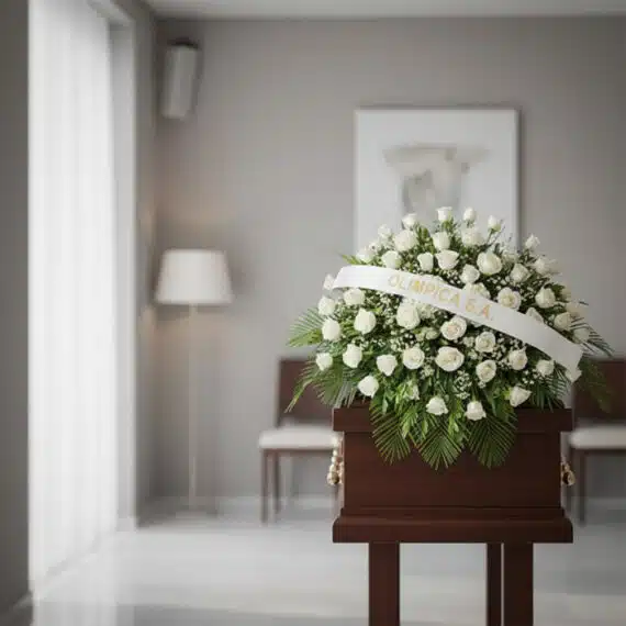 Cubre caja fúnebre Bernardita con rosas blancas y follaje verde, banda con texto 'OLIMPICA S.A.', en una sala de velación mod