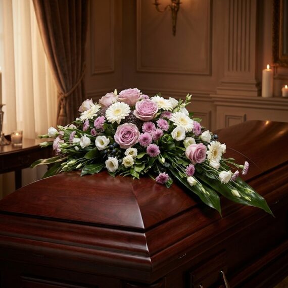 Cubre caja fúnebre "Jardín de Ines" con rosas lilas, margaritas blancas y flores moradas sobre un ataúd de madera oscura en u