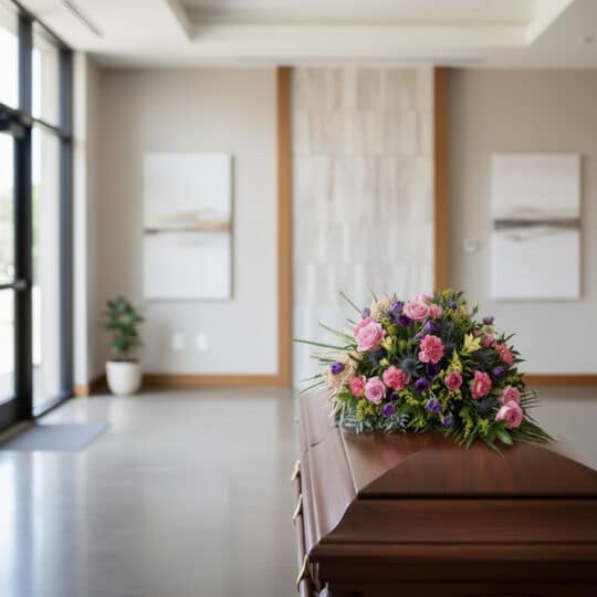 Cubre caja fúnebre 'Legado Sereno de Ivon' con rosas rosadas, claveles y follaje, sobre un ataúd de madera en una sala de vel