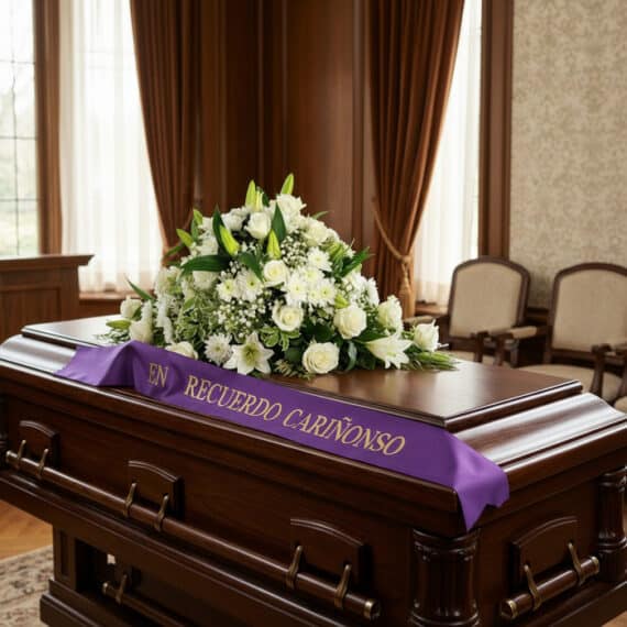 Cubre caja fúnebre solemne con arreglo floral blanco y cinta morada 'En Recuerdo Cariñoso' en sala de velación premium.
