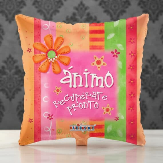 Globo Metalizado ‘Ánimo Recupérate Pronto’ para Desear Pronta Recuperación Globo metalizado cuadrado con diseño vibrante y mensaje 'Ánimo Recupérate Pronto', ideal para regalar y levantar el ánimo.