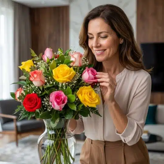 Mujer elegante de mediana edad admirando un jarrón con 12 rosas de colores variados (rojo, amarillo, rosa) en un hogar de dis