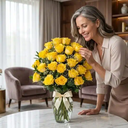 Mujer elegante de mediana edad admirando con deleite un jarrón grande con 24 rosas amarillas frescas y un moño crema, en un l