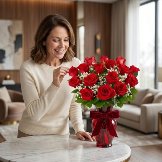 Mujer sonriente admirando un Jarrón Amor Incondicional con rosas rojas frescas y follaje verde, en un elegante hogar de alto