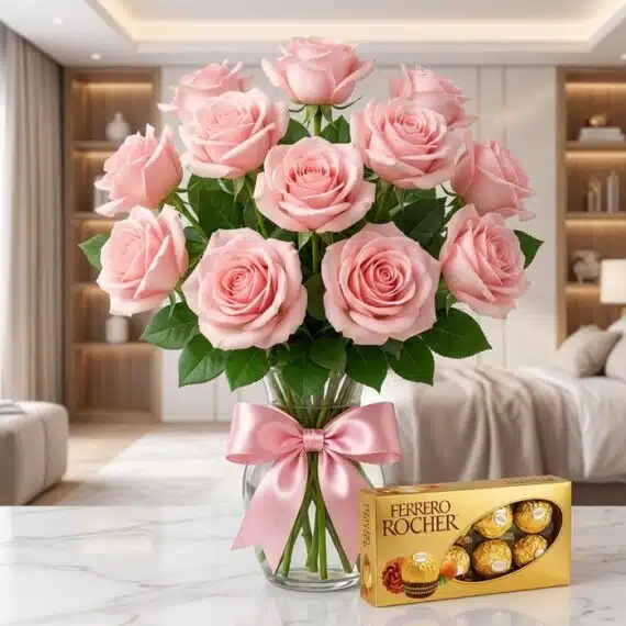 Jarrón Decídete con once rosas rosadas frescas y un lazo rosa elegante, acompañado de una caja de chocolates Ferrero Rocher,