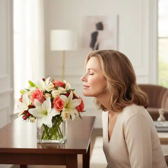 Mujer elegante oliendo un Jarron Floral Fabrizia con rosas rosadas, lirios blancos y claveles en un hogar de lujo.