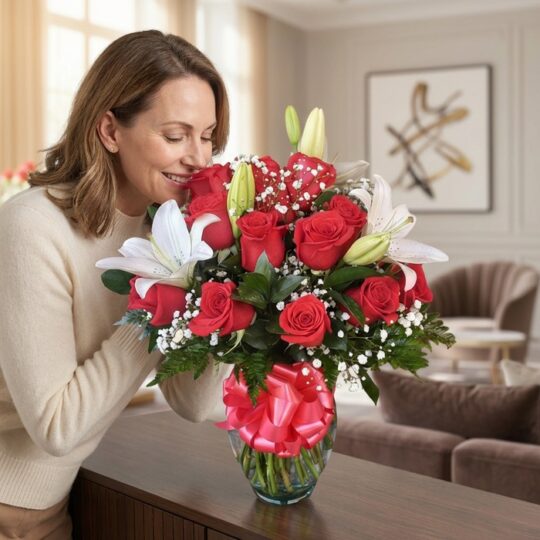 Mujer sonriendo y oliendo un hermoso arreglo floral de rosas rojas y lirios blancos en un jarrón de cristal con un moño rosa,