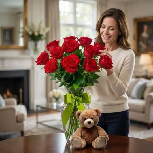 Mujer sonriente admira un jarrón de rosas rojas frescas con un lazo verde y un osito de peluche, en un lujoso salón.