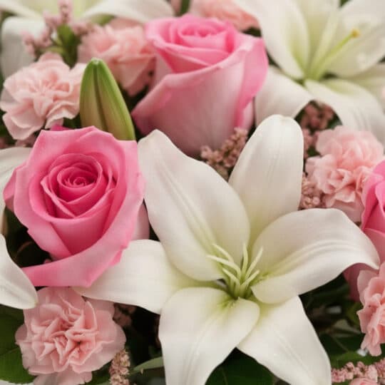 Primer plano extremo de rosas rosadas y lirios blancos con gotas de rocío, mostrando texturas hiperrealistas y colores vibran