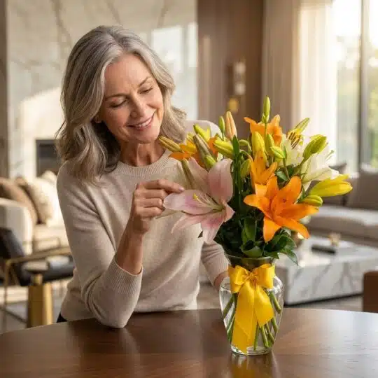 Mujer de mediana edad, elegante y de cabello gris, sonríe mientras toca delicadamente un lirio rosa en un jarrón de cristal c