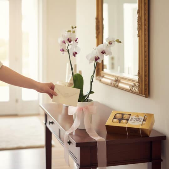 Arreglo floral Orquídea ESTRELLA de doble vara con flores blancas y centro morado, lazo rosa, caja de chocolates Ferrero Roch