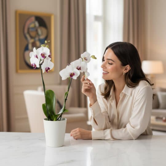 Mujer joven sonriendo y admirando de cerca una orquídea blanca de doble vara con centro morado, en una maceta blanca, sobre u