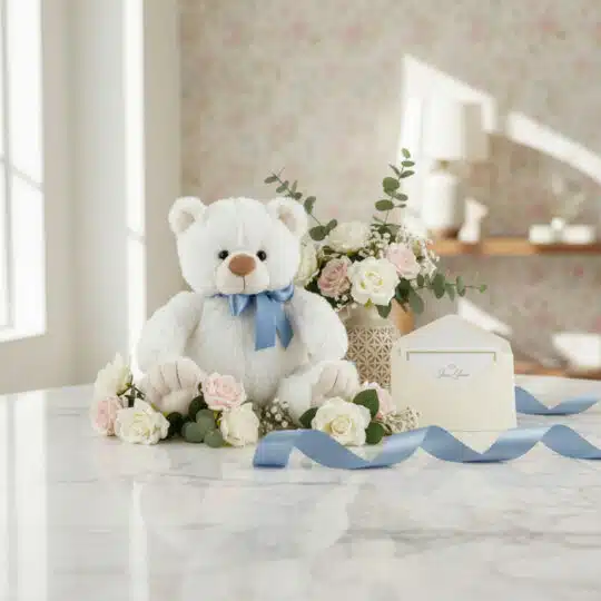 Oso de felpa blanco con lazo azul, rodeado de rosas blancas y rosadas, eucalipto, y una tarjeta de regalo elegante con cinta