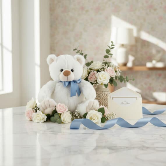 Oso de felpa blanco con lazo azul, rodeado de rosas blancas y rosadas, eucalipto, y una tarjeta de regalo elegante con cinta