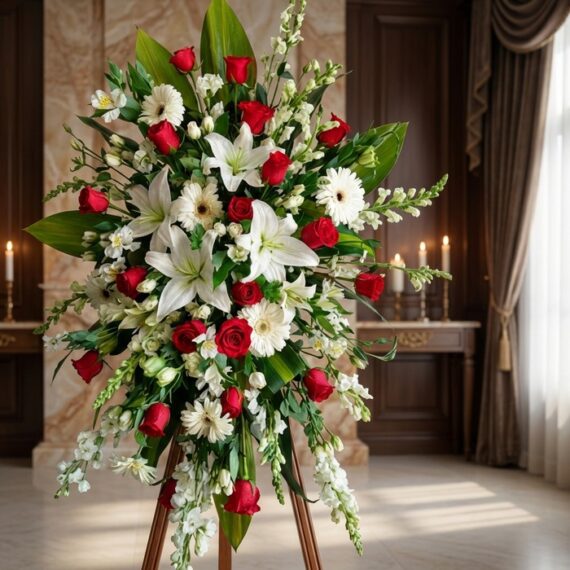 Pedestal Fúnebre Adoración: Elegancia Floral para Homenajes Póstumos Pedestal fúnebre Adoración con rosas rojas, lirios blancos y margaritas, en sala de velación premium con luz natural suave.