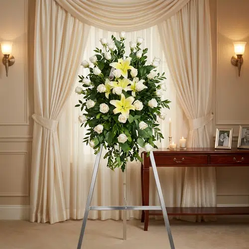 Pedestal fúnebre "Luz de Jacinta" con rosas blancas y lirios amarillos, en una elegante sala de velación con iluminación cáli