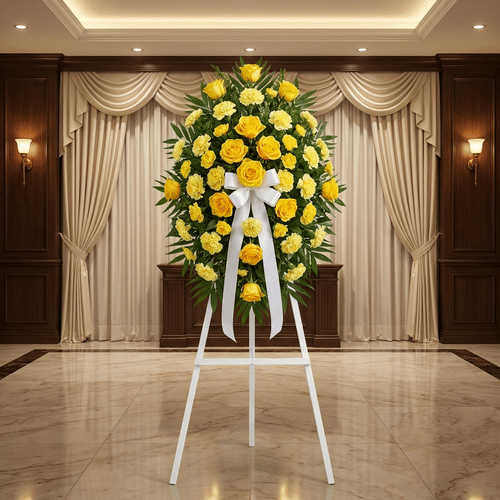 Pedestal fúnebre Legado Sereno con rosas y claveles amarillos, lazo blanco, en sala de velación elegante con cortinas y luz c