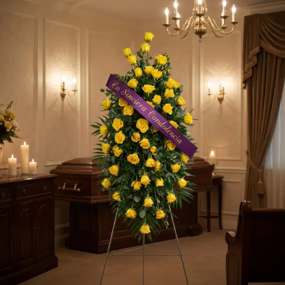 Pedestal fúnebre 'El Legado de Domingo' con rosas amarillas vibrantes y cinta morada 'En Sincera Condolencia' en sala de vela