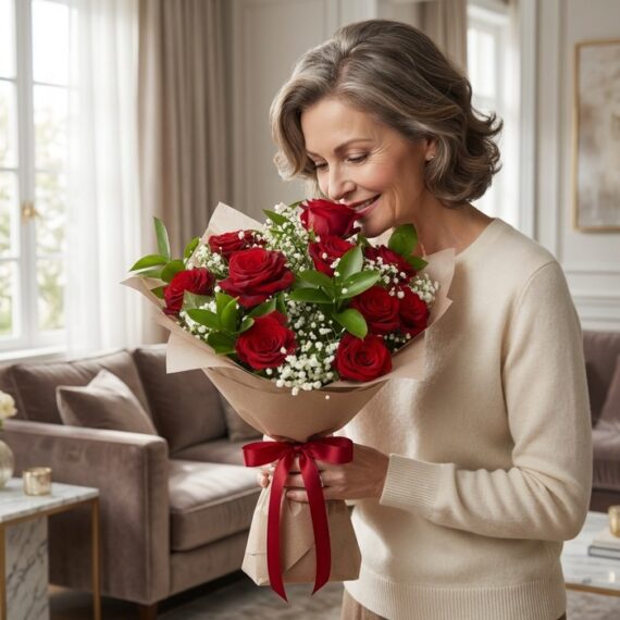 Mujer elegante de mediana edad admirando y oliendo un ramillete de rosas rojas frescas con gypsophila, envuelto en papel kraf