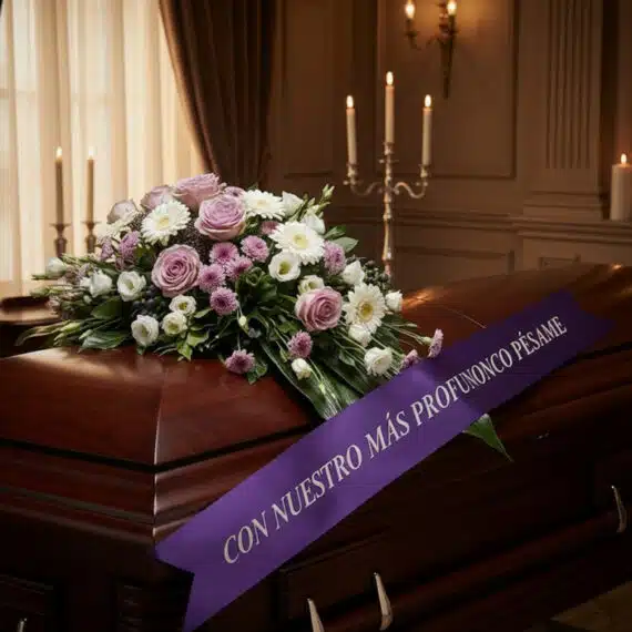 Cubre caja fúnebre "Jardín de Ines" con rosas lilas, margaritas blancas y flores moradas, sobre un ataúd de madera oscura en