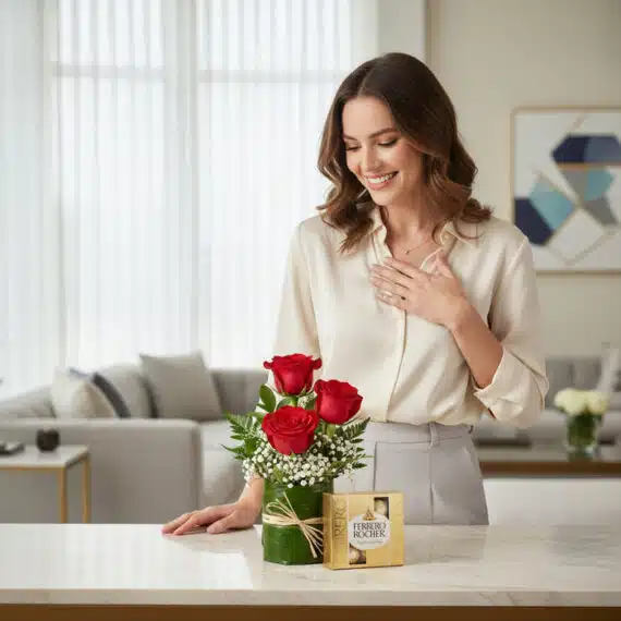 Mujer joven sonriendo y admirando un solitario de tres rosas rojas en base de cristal con follaje, junto a una caja de bombon